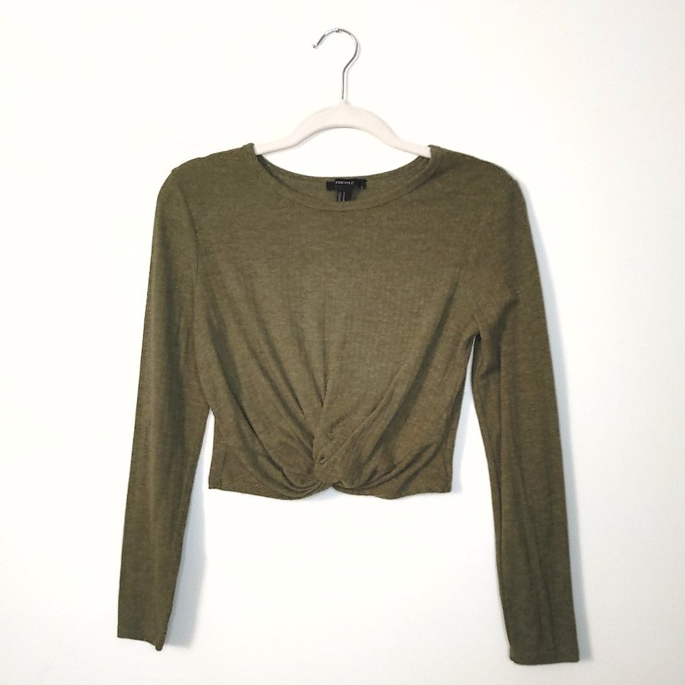 Forever 21 Olive Long Sleeve Knotted Crop Top